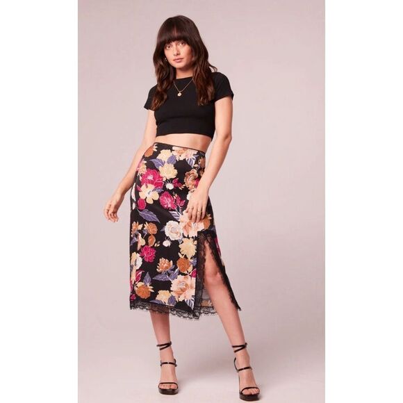 Band Of The Free Lilou Black Floral Slip Skirt Midi Size Small NWT